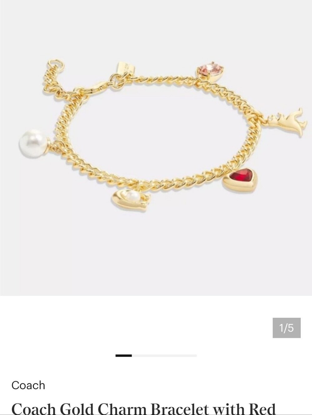 Coach Gold-Tone Charm Bracelet with Red Heart and Pearl